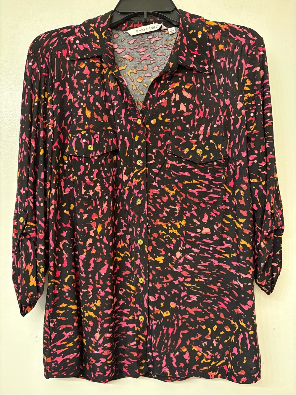 Emily Daniels Black Button-Down Shirt with Pink & Orange Abstract Print